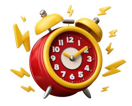Red yellow alarm clock with lightning bolts, symbolizing urgency, flash sale, and time pressure, isolated on transparency background, energetic and dynamic concept