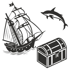 Naklejka premium Shipwreck with treasure chest silhouette