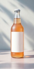 Frosted glass kombucha bottle with minimalist white probiotic label on gray background