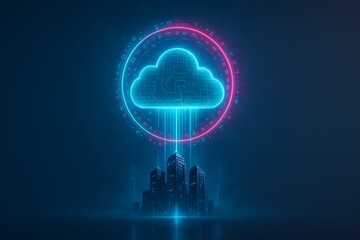 Neon cloud above futuristic city skyline, cyan and magenta circuitry, ring and beams, dark blue lighting, ideal for smart city features and cloud services marketing.