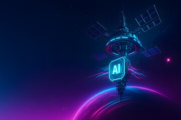 Futuristic AI satellite above glowing planet horizon, cyan and magenta accents, deep-space lighting, ideal for orbital computing stories, 6G network explainers, and space technology branding.