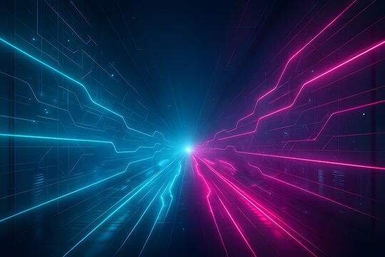 Futuristic neon data corridor with cyan and magenta light trails converging to a bright vanishing point, dark tech grid walls, cinematic glow, perfect for speed, network, and innovation banners.