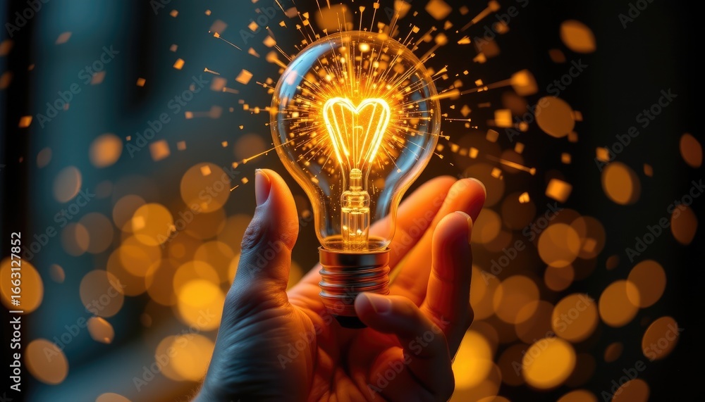 Poster hand holding light bulb with heart shaped filament surrounded by glowing sparks and soft bokeh backg