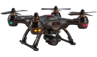 Drone's Aerial Perspective: The advanced, high-tech drone, equipped with camera, propellers, and a sleek design, hovering mid-air ready to record