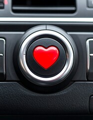 Close-up of a red heart button on a car dashboard