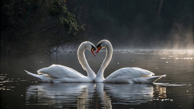 Heart-Shaped Swan Pair on Calm Dark Water
