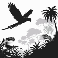 Parrot flying over jungle silhouette