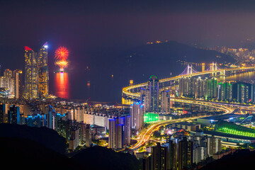 Busan cityscape Gwangan Bridge at night stock photo