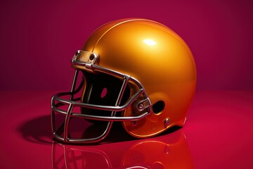 Fototapeta premium Golden football helmet under studio light. Use for luxury branding, sports, design, and advertising. 