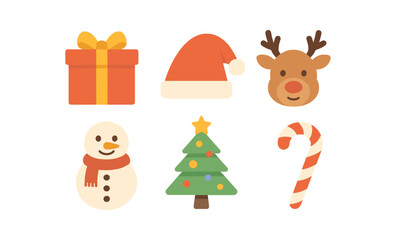 Festive christmas icons with glowing effect - santa hat, reindeer, snowman, candy cane, gift, tree