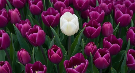 White Tulip Among Purple Tulips in Garden Setting