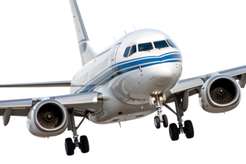 A detailed frontal view of a commercial passenger airplane during takeoff, showcasing its design and functionality, perfect for aviation projects