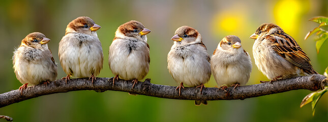 Fototapeta premium small funny birds sparrows sitting on a branch on the panoramic picture