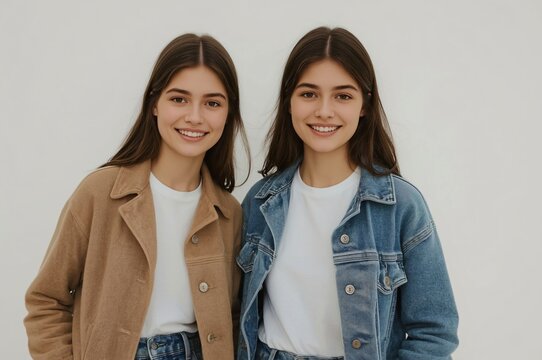 Smiling twin sisters studio portrait, white background, advertising