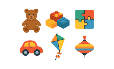 Fototapeta premium Colorful children's toys set with glowing neon effect and flat design