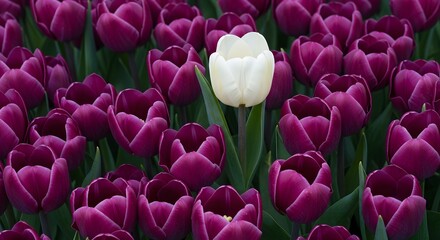 White Tulip Among Purple Tulips in Garden Setting