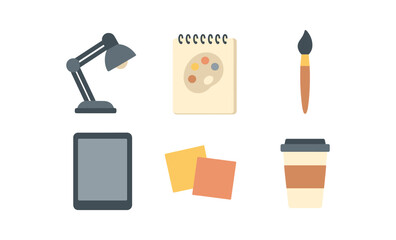 Creative workspace icons: lamp, brush, palette, tablet, notes, coffee in soft focus