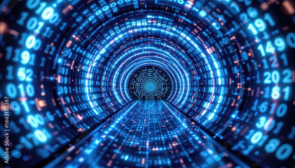 Aufkleber digital data tunnel with blue binary numbers flowing in a futuristic cyber environment