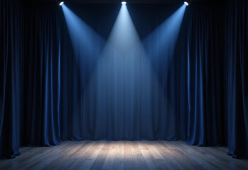 empty 3d room background template of a theater stage spotlights and dark blue and black curtains