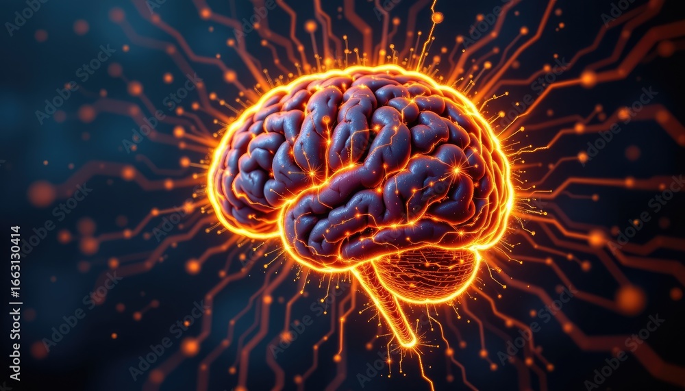 Aufkleber glowing brain with electric pulses representing neural activity and cognitive function in a dark bac