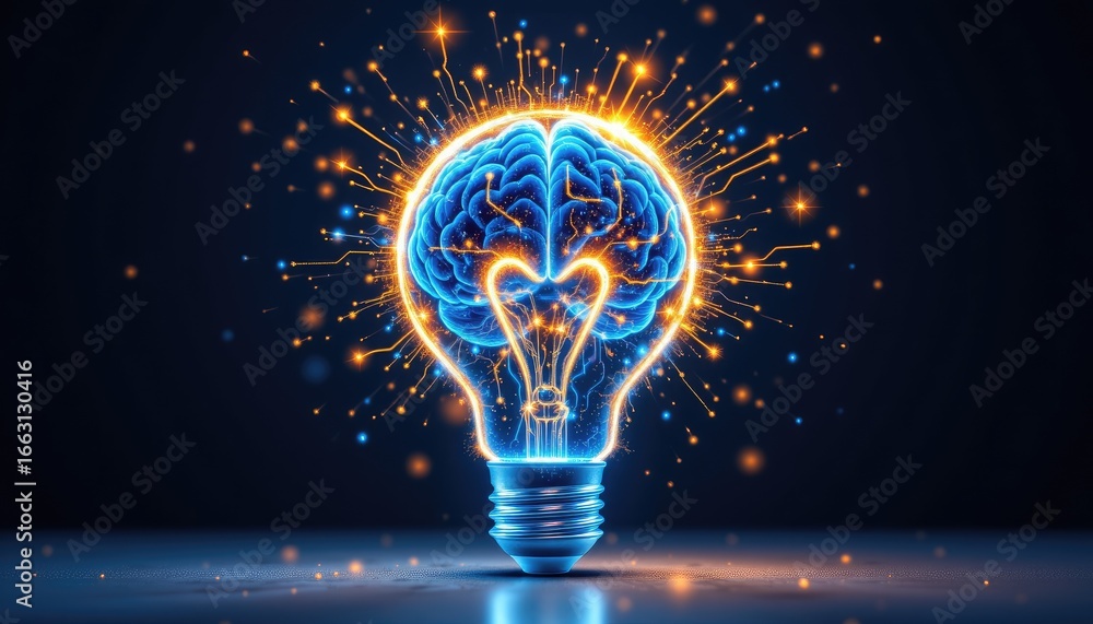Poster creative representation of a glowing brain as a light bulb illuminating innovative ideas and concept