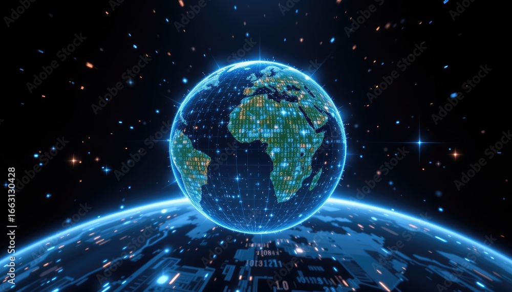 Poster futuristic globe representation with digital data, network connections, and starry background for te