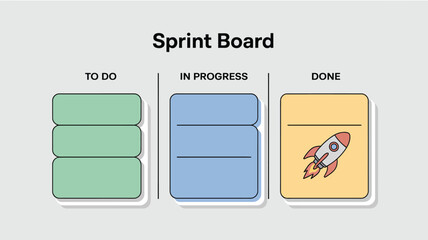 Illustration of a sprint board with to do in progress and done sections with a rocket image on the done section