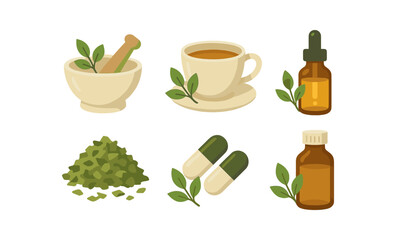 Herbal medicine set featuring tea, capsules, and essential oils with green leaves