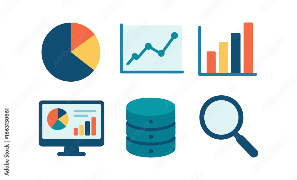 Poster modern data analysis icons with graphs and charts in a flat design style
