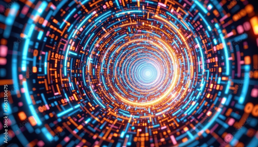 Poster digital swirl of bright colors illustrating a data stream in a futuristic tunnel of light and techno