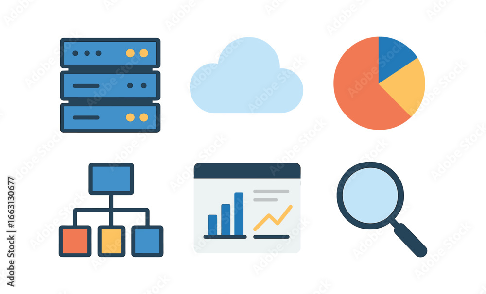 Poster digital data icons set: cloud, analytics, and networking in neon style