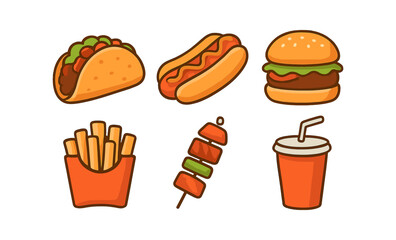 Delicious fast food icons in vibrant cartoony style