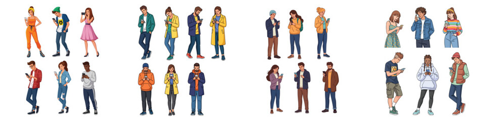 Young People Using Smartphones Set