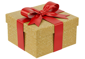 Fototapeta premium Elegant gold gift box with bright red ribbon, the perfect present for birthdays, holidays, anniversaries, and celebrations, promising joy and excitement inside