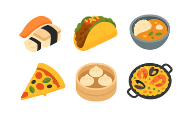Colorful food icons featuring sushi, tacos, curry, pizza, dumplings, and paella in glowing style