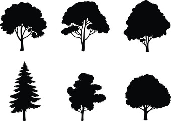 Black tree silhouette vector set, diverse forest foliage shapes, botanical illustration, nature elements, isolated trees, landscape design, environmental concept, editable graphic