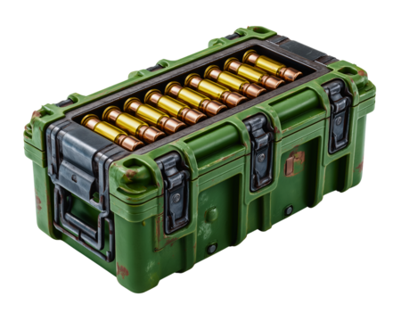 Ammunition box: An ammunition box in a detailed close-up shot, containing numerous cartridges, which appear to be new, it represents the powerful military strength.