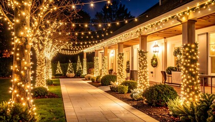 Festive Christmas lights illuminate a pathway leading to a home