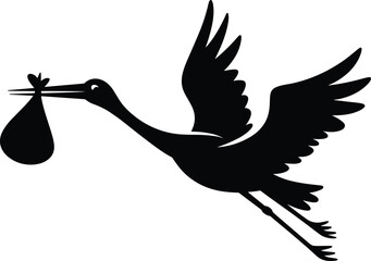 Flying stork silhouette carrying baby bundle, black vector icon for childbirth, parenting, baby arrival, maternity concept, nursery design, folklore symbol