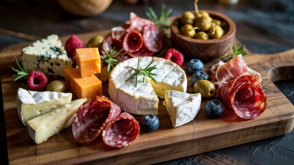 Food photography. On the board: Brie cheese, sliced prosciutto, sliced salami, pieces of cheddar cheese, white cheese, blueberries, raspberries, green olives and rosemary sprigs. 