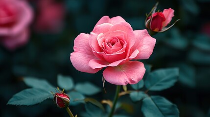Obraz premium Macro Pink Rose in Garden with Shallow Depth of Field, Blurred Foliage Background and Copy Space 