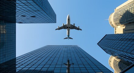Airplane Flying Over City Buildings, Low Angle View with Blue Sky