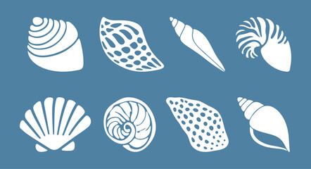 Sea shells collection silhouette illustration with ocean shells and marine elements on blue background