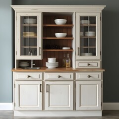 Rustic white hutch with glass doors and wooden shelves displaying dishes.