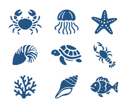 Set of cute sea animals icons in vector line style. Includes crab, turtle, jellyfish, fish and starfish. Perfect for infographics, websites, kids cards or stickers.