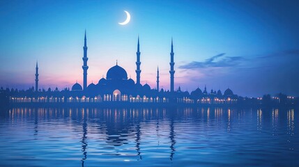 Naklejka premium Mosque silhouette, crescent moon, night, water reflection, Eid celebration