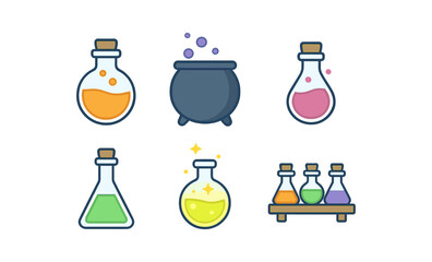Colorful potion bottles and cauldron set in neon glow style
