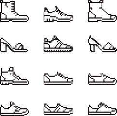 Naklejka premium Retro Shoe Pixel Vector – Boots, Sneakers, Sandals, Heels, Flats, Sports Footwear, Slippers, Casual Shoes