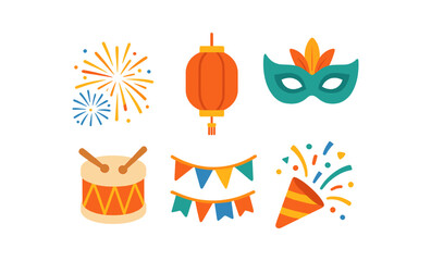 Festive celebration elements with neon glow effect: lanterns, drums, masks, fireworks, banners, and confetti