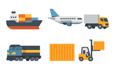 Flat design logistics icons: ship, plane, truck, train, forklift, cargo